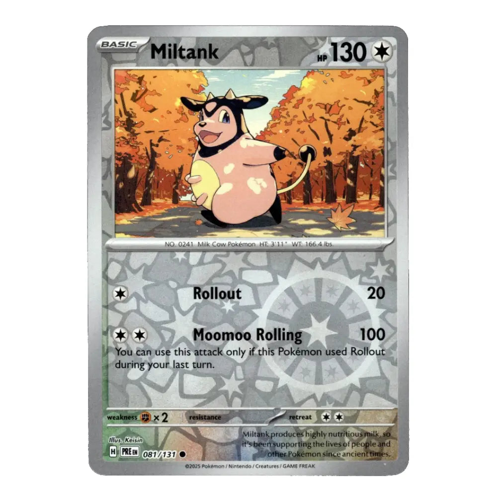 A holographic Pokémon trading card of Miltank from the Basic set, featuring a silver border and a reflective foil finish.