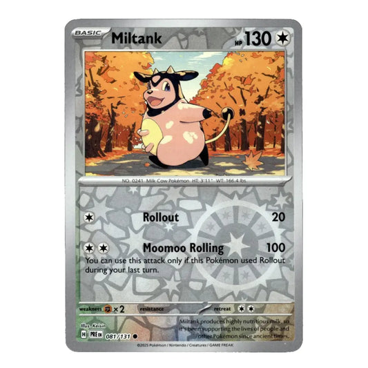 A holographic Pokémon trading card of Miltank from the Basic set, featuring a silver border and a reflective foil finish.