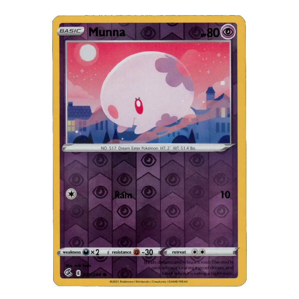 A single Pokémon trading card featuring the character Munna from the Eevee expansion, with a yellow border, purple lower section, and a pink illustration of Munna under a large moon.