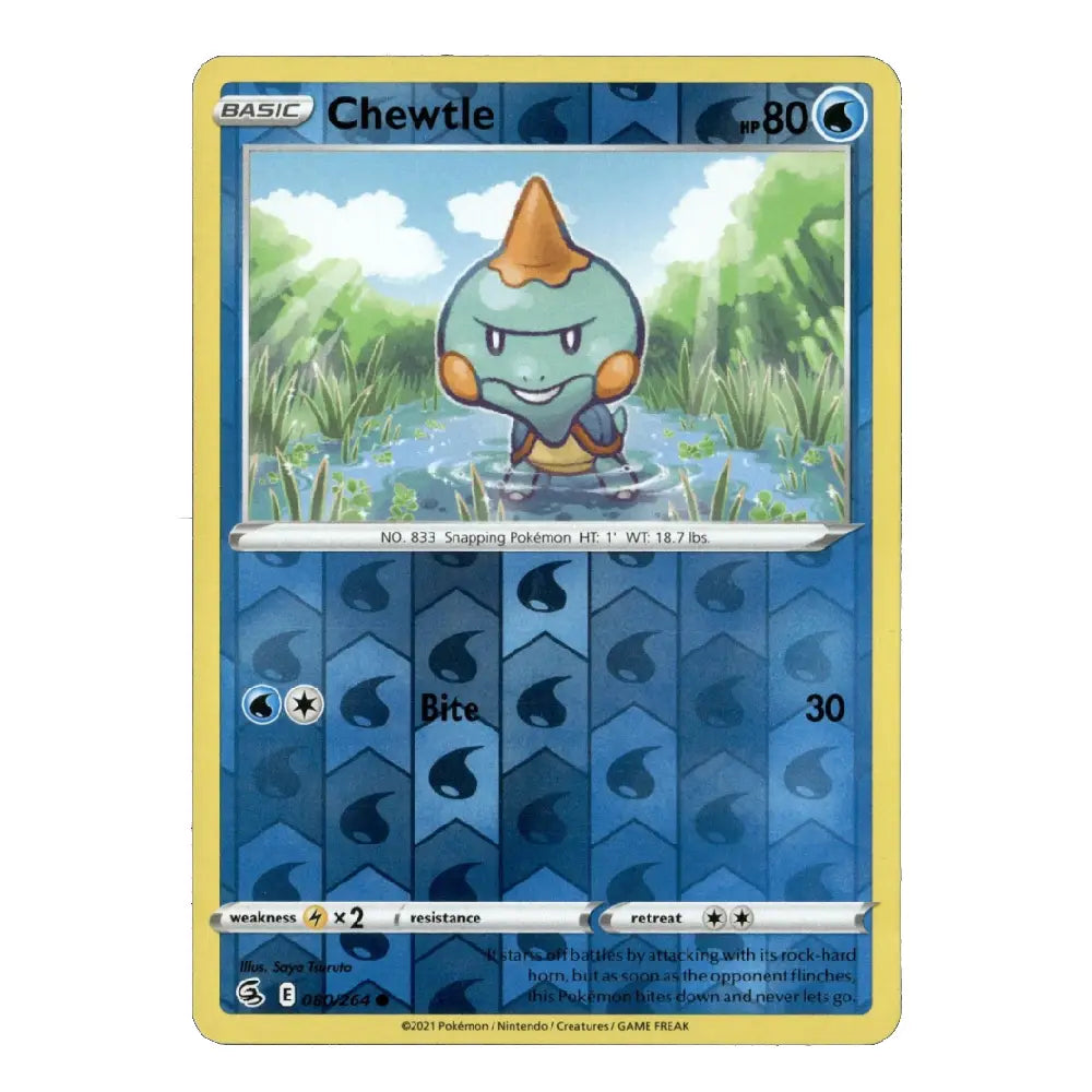 A single Pokémon trading card featuring Chewtle from the Basic set, shown against a plain white background. The card has a yellow border, blue lower section, and artwork of the character standing in water with green reeds.