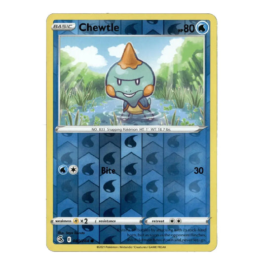 A single Pokémon trading card featuring Chewtle from the Basic set, shown against a plain white background. The card has a yellow border, blue lower section, and artwork of the character standing in water with green reeds.