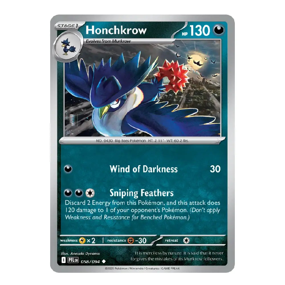 A single Pokémon trading card for Honchrow, shown against a plain white background. The card features artwork of the blue dragon-like Pokémon with red sniping feathers, and visible text including 'Stage 1', 'Honchrow', 'Wind of Darkness', and 'Sniping Feathers'.