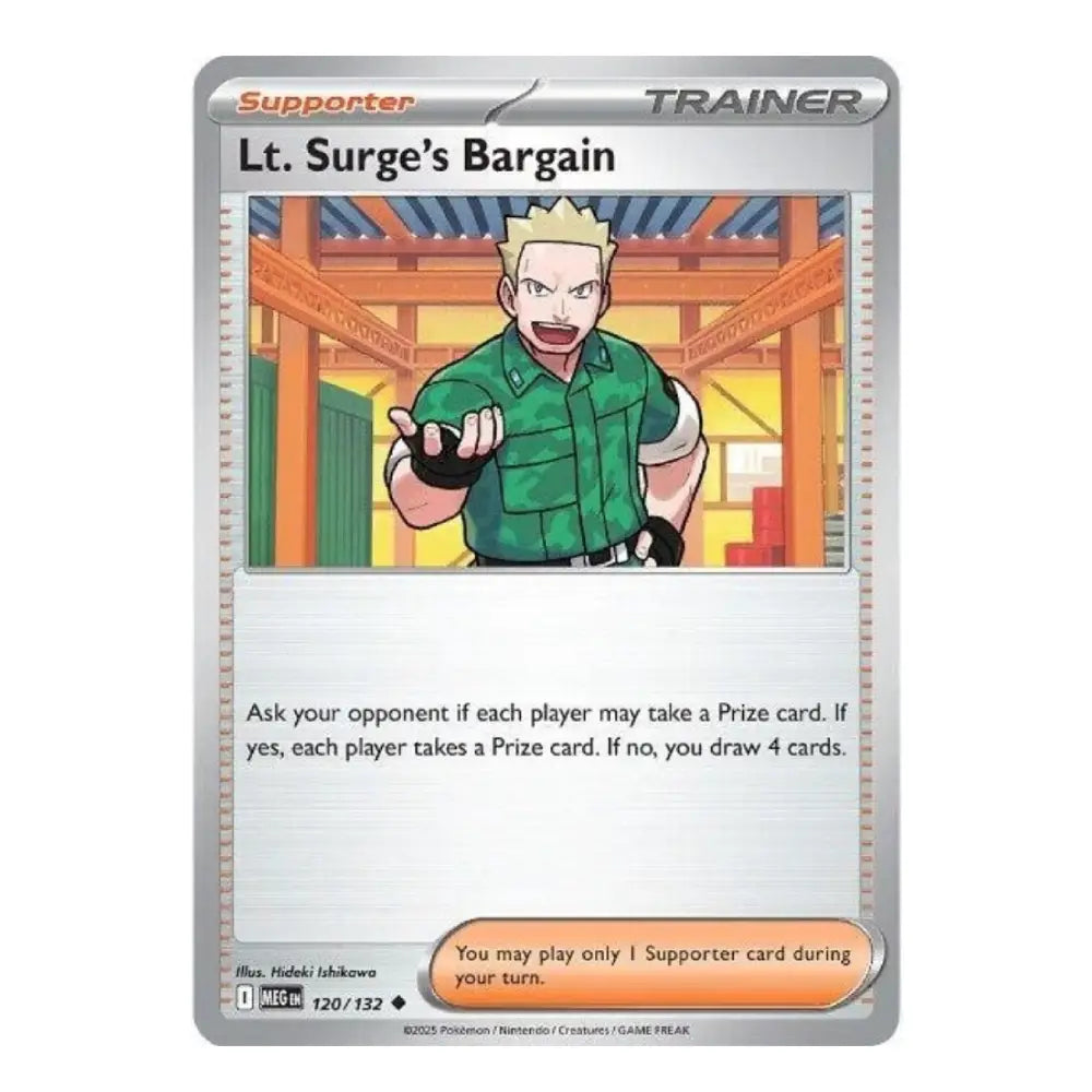 A single Pokémon trading card titled "Lt. Surge's Bargain" shown against a plain white background.