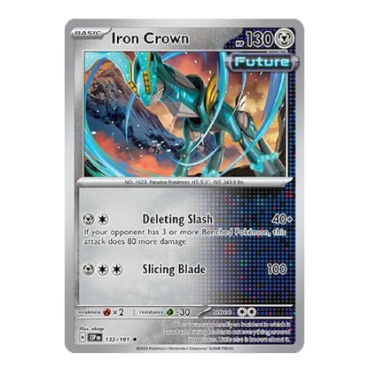 A single Pokémon trading card for Iron Crown from the Future expansion, featuring artwork of a teal dragon-like creature over a mountainous landscape. The card has a silver border and visible text including 'BASIC', '130', 'Future', and move names 'Deleting Slash' and 'Slicing Blade'.