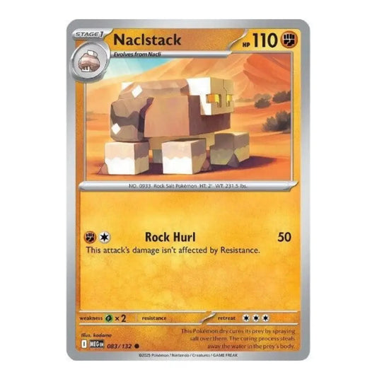 A single Pokémon trading card for Nacstack, shown against a plain white background. The card features a silver border, an orange-yellow gradient lower section, and artwork of a blocky brown and beige creature in a desert scene.