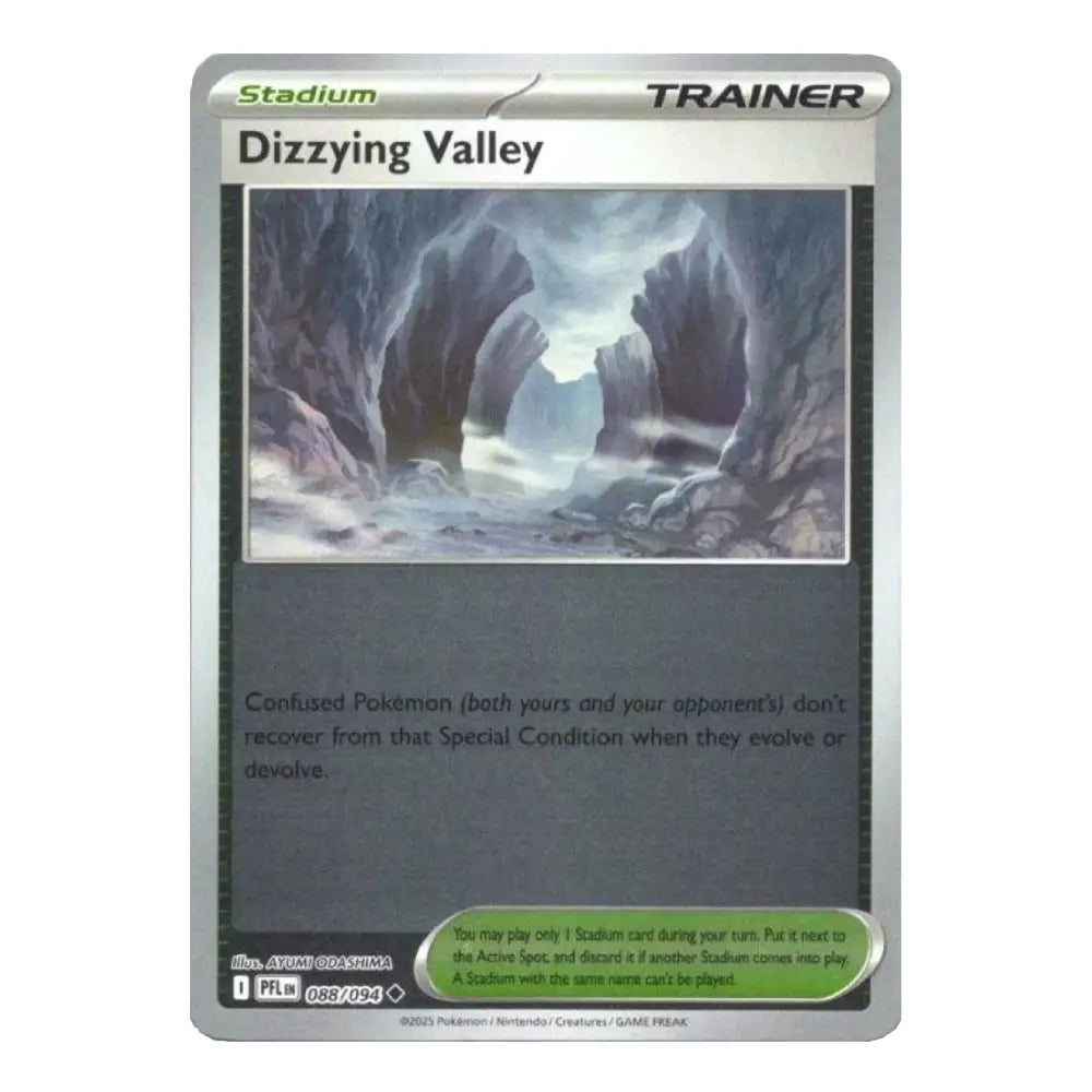 A Pokémon TCG 'Dizzying Valley' Stadium Trainer card from the 2024 Ravnica Remastered expansion, featuring a silver border and a central illustration of a misty canyon.