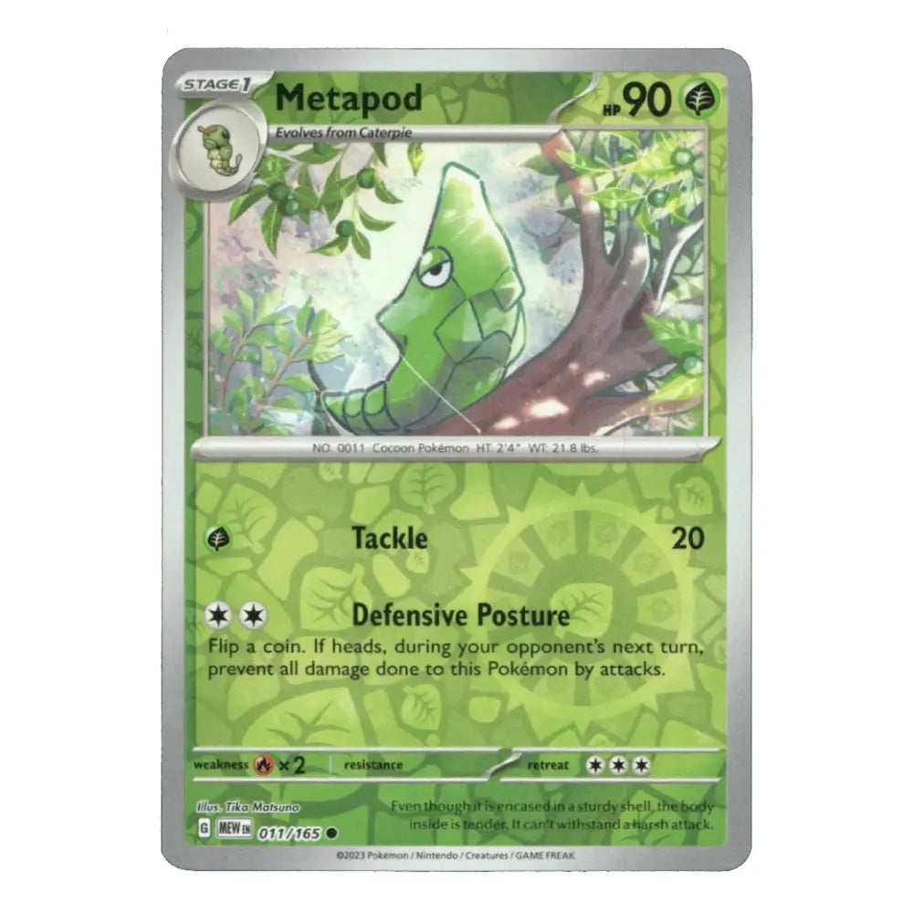 A single Pokémon trading card for Metapod, shown flat against a plain white background. The card has a green and light green design with artwork of a green Metapod in a forest and silver-gray border accents.