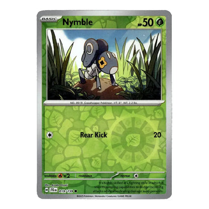A single Pokémon trading card for Nymble from the Basic set, shown against a plain white background. The card features a green and silver border, artwork of Nymble in a grassy environment, and the text 'Nymble' and 'Rear Kick'.