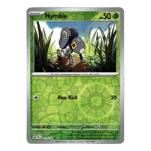 A single Pokémon trading card for Nymble from the Basic set, shown against a plain white background. The card features a green and silver border, artwork of Nymble in a grassy environment, and the text 'Nymble' and 'Rear Kick'.