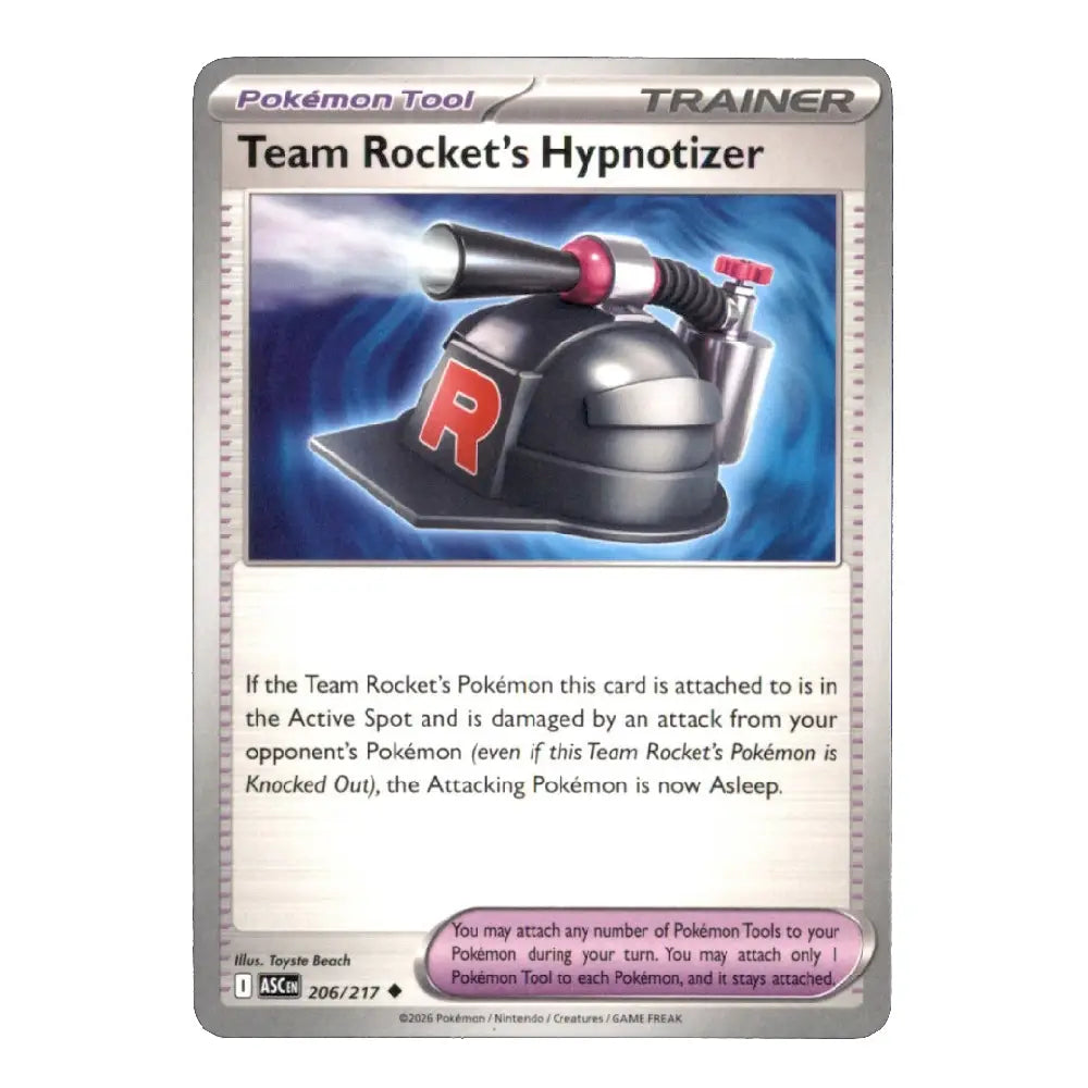 A single Pokémon trading card titled "Team Rocket's Hypnotizer" shown against a plain white background. The card has a silver border, Pokémon branding at the top, artwork of a black and red hypnotizer device, and text below.