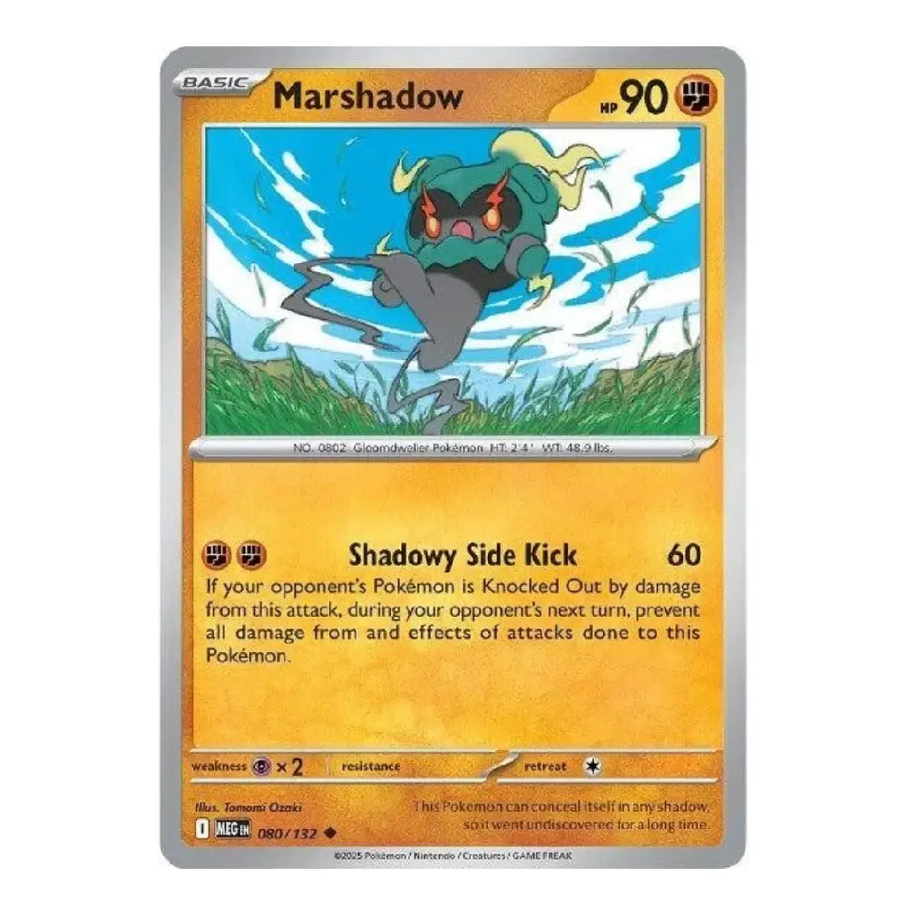 A single Pokémon trading card for Marshadow from the Basic set, shown upright against a plain white background. The card features artwork of the Pokémon in a blue sky over grass, with a yellow-orange text area and silver border.