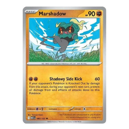 A single Pokémon trading card for Marshadow from the Basic set, shown upright against a plain white background. The card features artwork of the Pokémon in a blue sky over grass, with a yellow-orange text area and silver border.