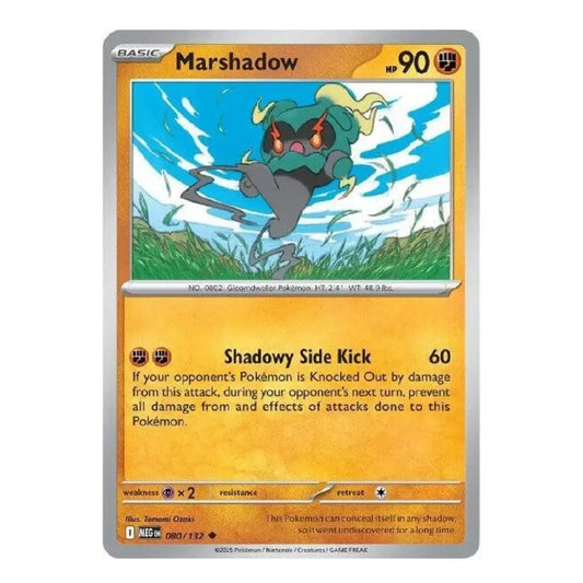 A single Pokémon trading card for Marshadow from the Basic set, shown upright against a plain white background. The card features artwork of the Pokémon in a blue sky over grass, with a yellow-orange text area and silver border.