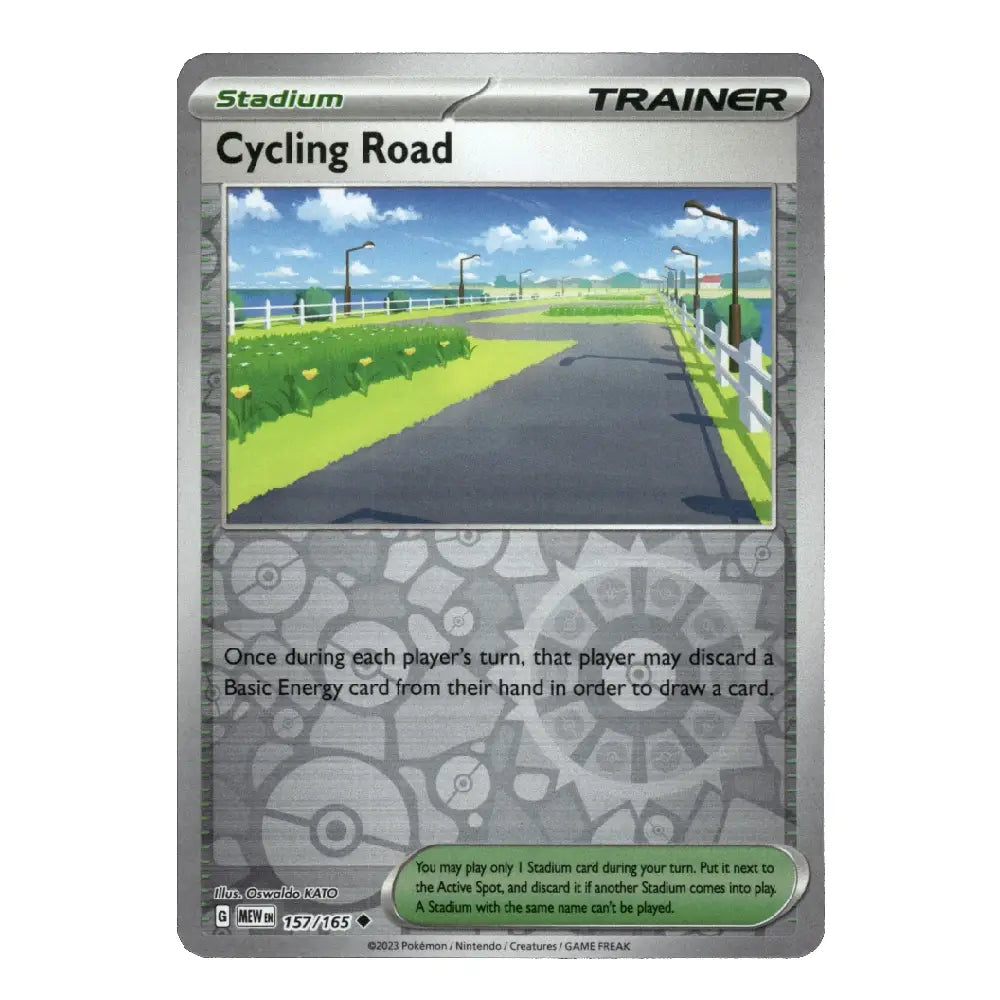 A single Pokémon trading card for Cycling Road from the Stadium TCG, featuring a scenic illustration of a road through a grassy field under a blue sky.