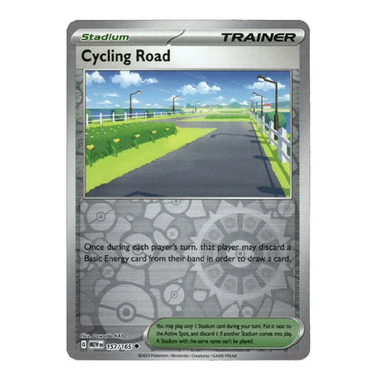 A single Pokémon trading card for Cycling Road from the Stadium TCG, featuring a scenic illustration of a road through a grassy field under a blue sky.