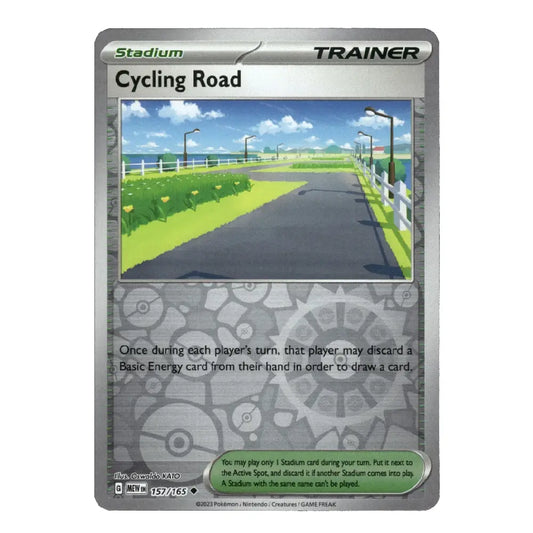 A single Pokémon trading card for Cycling Road from the Stadium TCG, featuring a scenic illustration of a road through a grassy field under a blue sky.