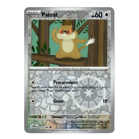 A single Pokémon trading card for the character Patrat from the Silver Tempest expansion, featuring a silver border and artwork of the character in a forest.