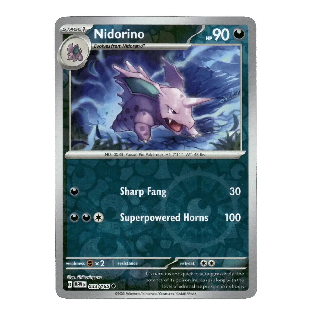A single Pokémon trading card for Nidorino, shown against a plain white background. The card features artwork of a pinkish-purple Nidorino in a blue storm, with stats and text below on a dark teal background.