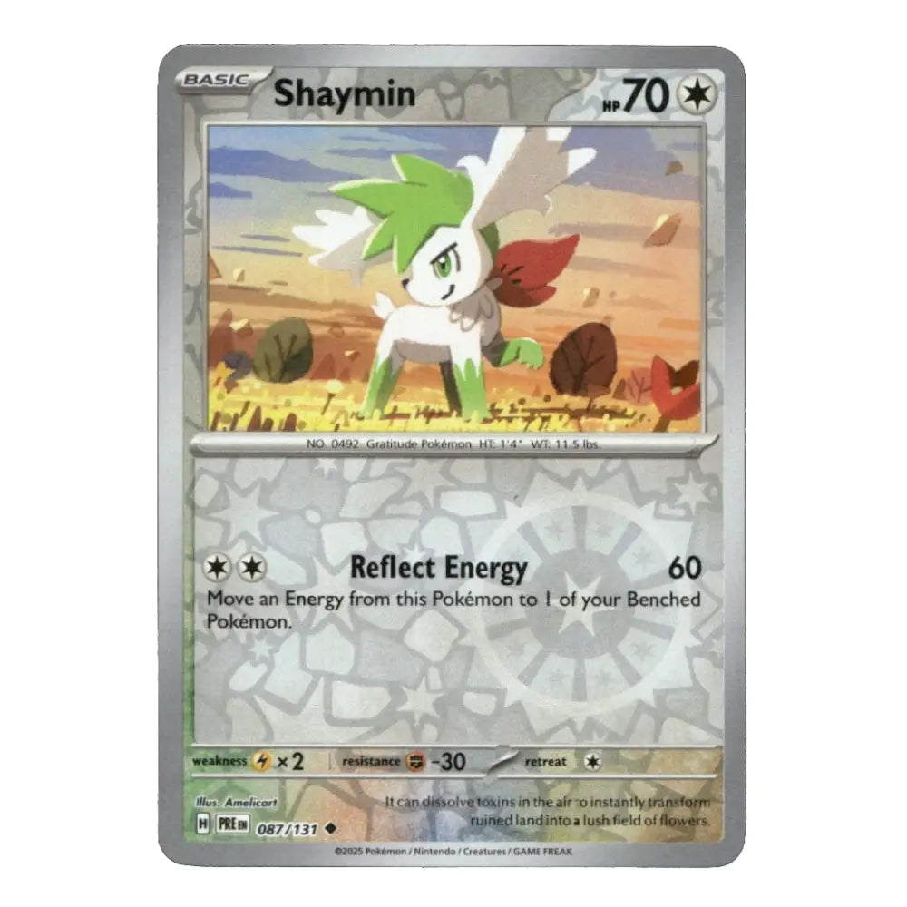 A single Pokémon trading card for Shaymin from the Basic set, featuring a silver border, character artwork, and the card name Shaymin at the top.