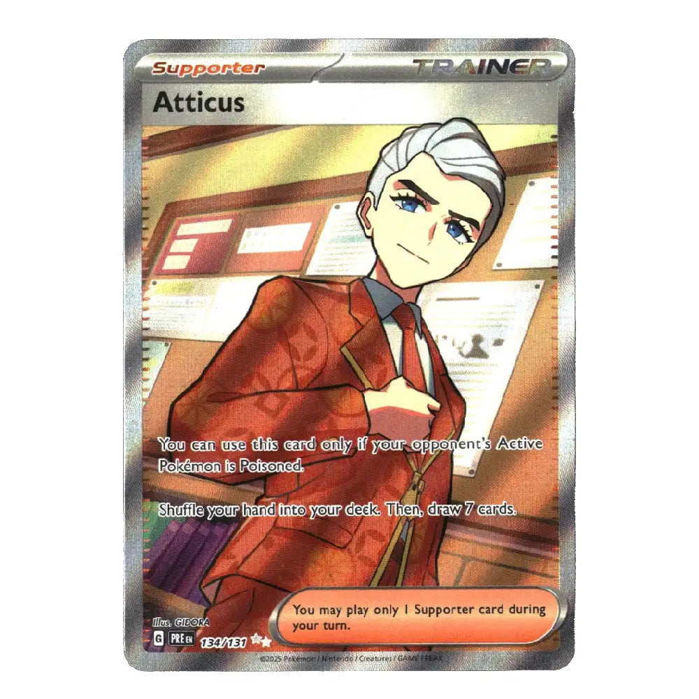 A collectible trading card featuring an illustrated character named Atticus, labeled as a Supporter Trainer card. The card has a metallic silver border and displays an anime-style drawing of a man with white hair wearing a red jacket.