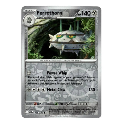 A single Pokémon trading card for Ferrothorn, shown against a plain white background. The card features a metallic silver-gray border, green and gray artwork of the Pokémon in a forest, and printed text including 'Power Whip' and 'Metal Claw'.