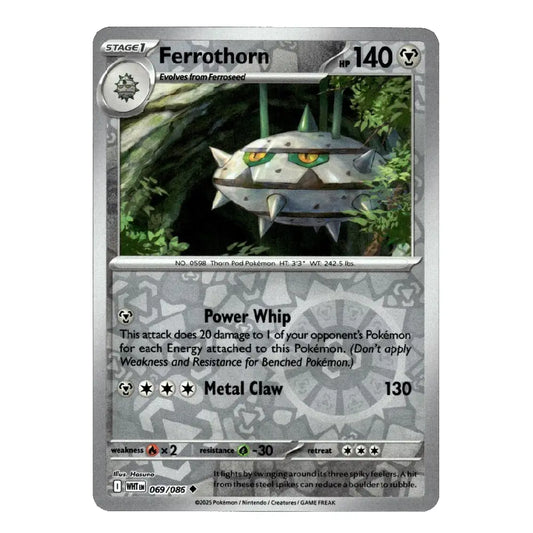 A single Pokémon trading card for Ferrothorn, shown against a plain white background. The card features a metallic silver-gray border, green and gray artwork of the Pokémon in a forest, and printed text including 'Power Whip' and 'Metal Claw'.