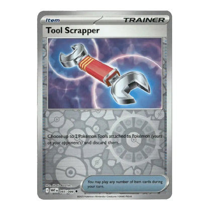 A single Pokémon trading card for the Tool Scrapper, shown against a plain white background. The card has a silver-gray border, a blue and purple energy frame, and an illustration of a wrench with a red handle.