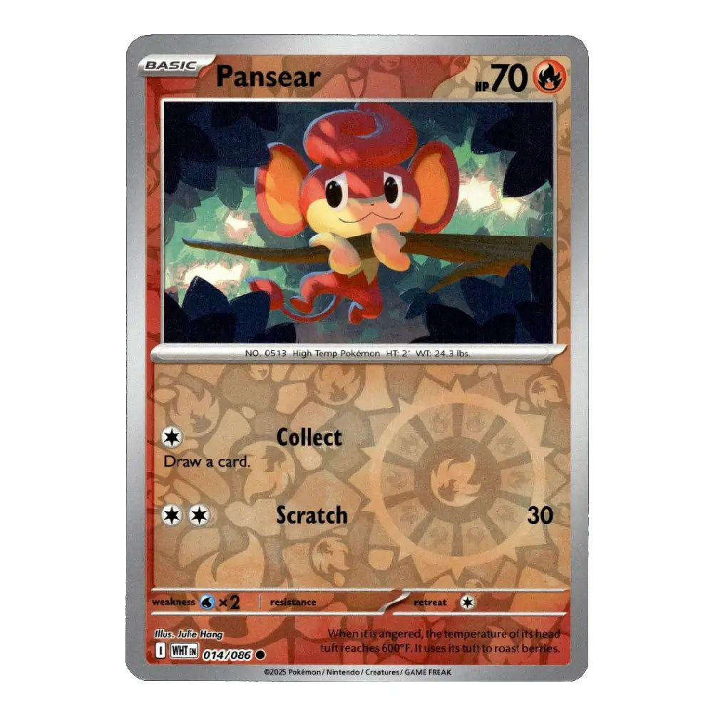 A Pansear Pokémon trading card from the Silver Tempest expansion, featuring the character in its artwork panel with a silver border and printed game text.