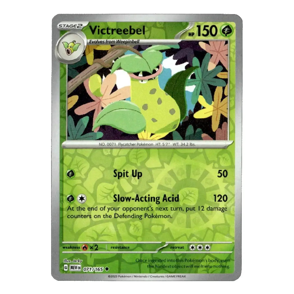 A single Victreebel Pokémon trading card from the Emerald Gardens expansion, featuring a green and yellow color scheme with a silver border on a white background.