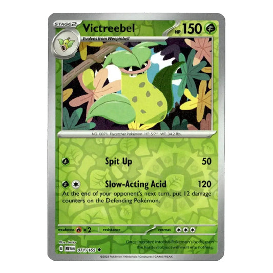 A single Victreebel Pokémon trading card from the Emerald Gardens expansion, featuring a green and yellow color scheme with a silver border on a white background.