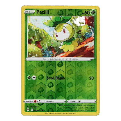 A single Pokémon trading card featuring the Petilil character, with a yellow border, green lower half, and colorful artwork of the character in a forest scene near the top.
