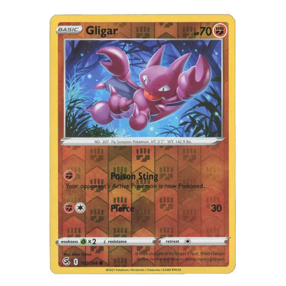 A single Pokémon trading card for Gligar from the Basic set, shown against a plain white background. The card features a yellow border, a purple Gligar illustration in the center, and brown attack and status text boxes.
