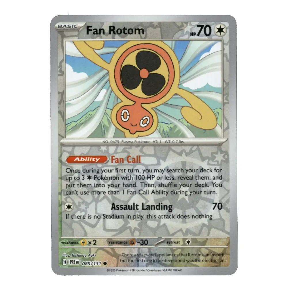 A single Pokémon trading card for Fan Rotom from the Basic set, shown against a plain white background. The card features the character Fan Rotom in the center with its signature orange and black body and yellow wings.
