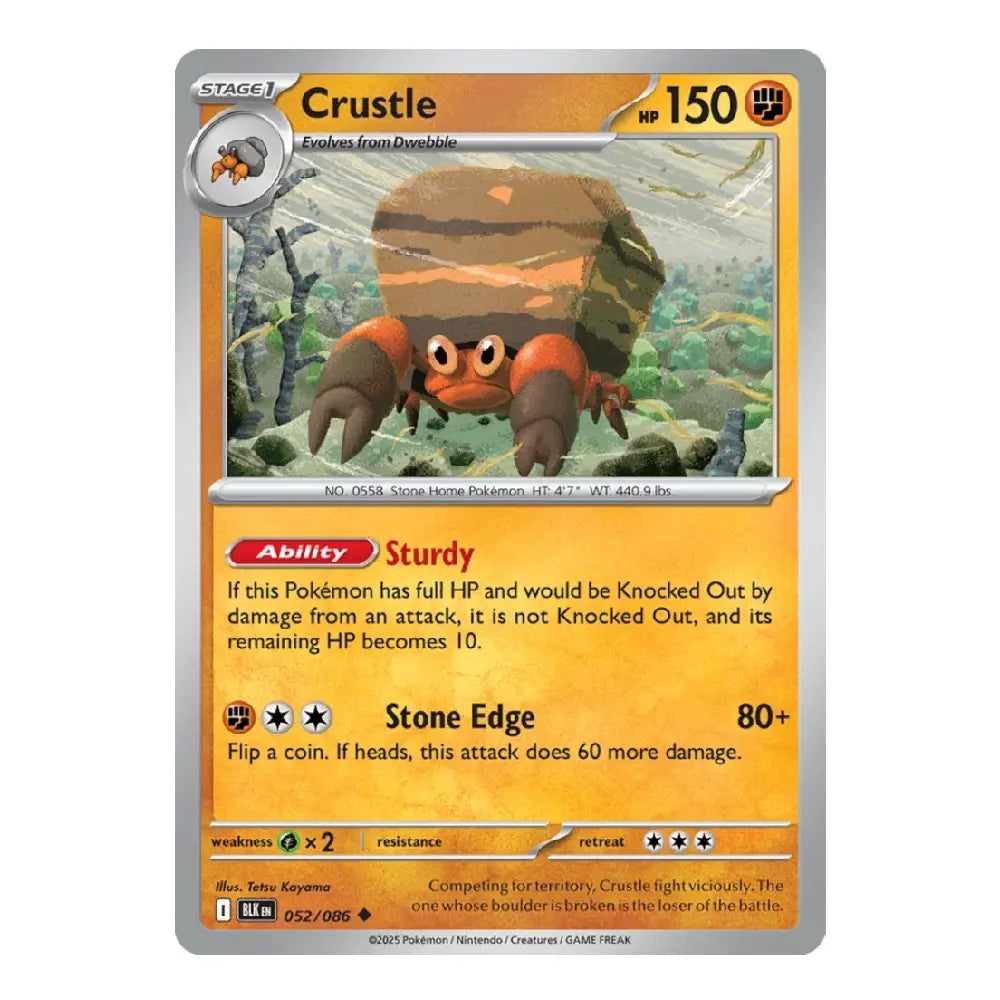 A single Pokémon trading card for Crustle from the Silver Tempest expansion, featuring a detailed illustration of the character on a yellow-orange card face with a silver border.