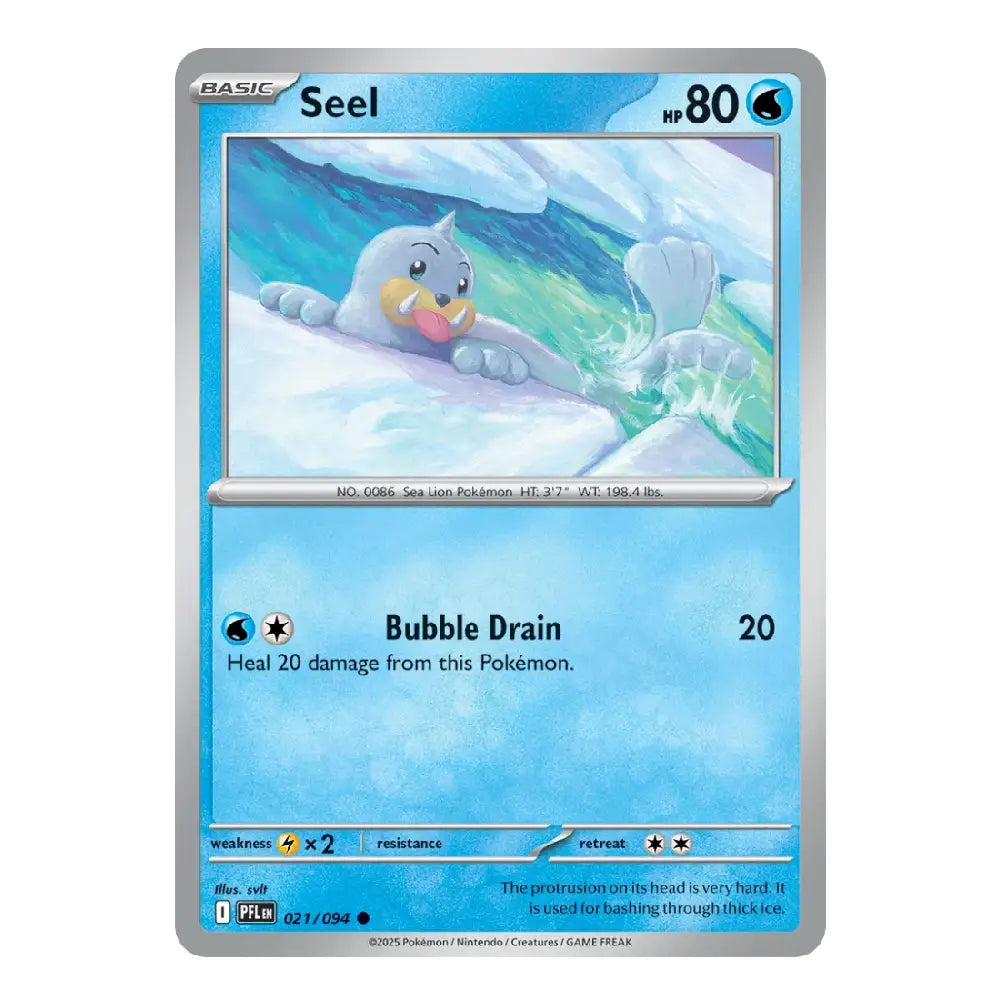 A single Pokémon trading card for Seel from the Basic set, shown flat against a plain white background. The card features a blue icy illustration of Seel on the front, with the name Seel at the top and game text including Bubble Drain and 20.