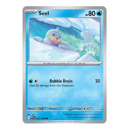 A single Pokémon trading card for Seel from the Basic set, shown flat against a plain white background. The card features a blue icy illustration of Seel on the front, with the name Seel at the top and game text including Bubble Drain and 20.