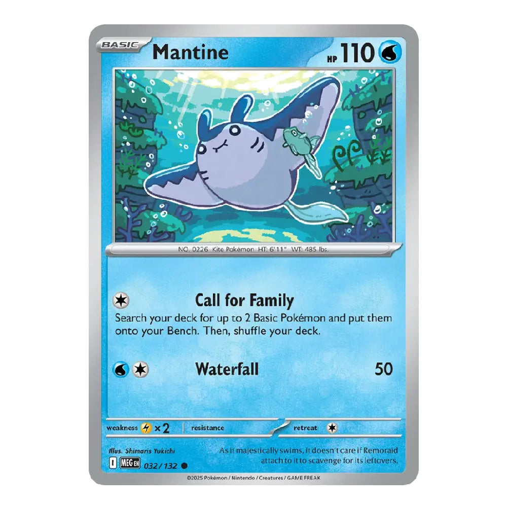 A single Pokémon trading card for Mantine from the Basic set, shown against a plain white background. The card features a blue underwater illustration of Mantine and text detailing its abilities.