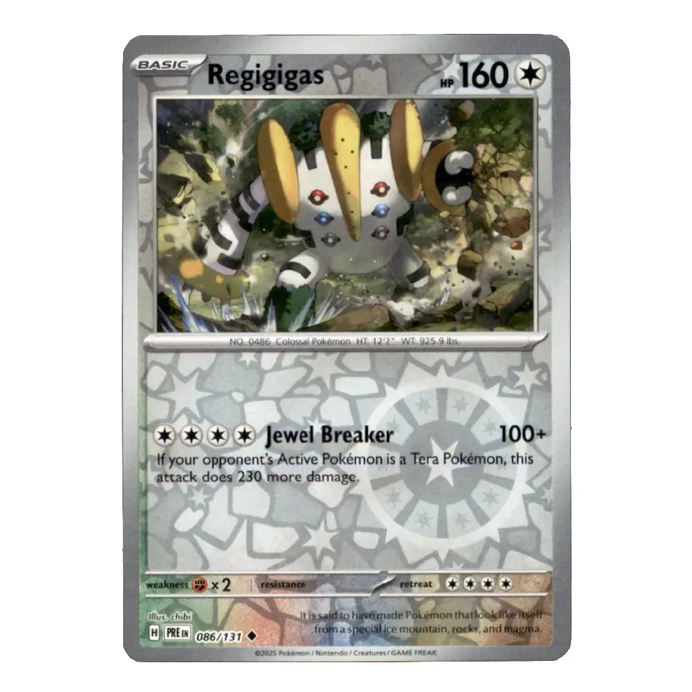A single Pokémon trading card for Regigigas, shown against a plain white background. The card has a silver-gray border, the character name Regigigas at the top, HP 160, and artwork of the Pokémon in the center.