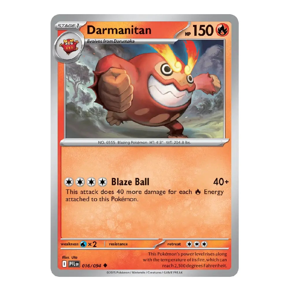A single Pokémon trading card for Darmanitan from the Silver Tempest expansion, featuring a red fire-breathing creature illustration and orange text boxes on a silver card border.