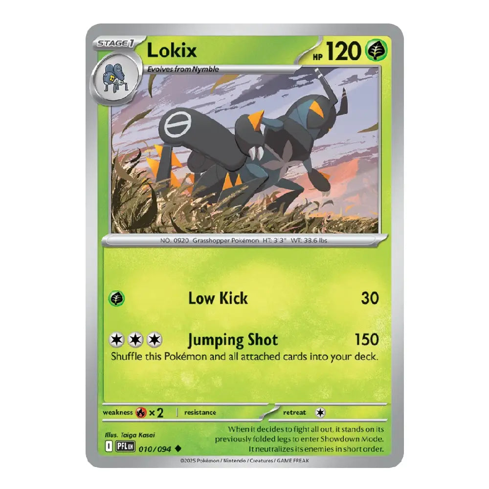 A single Pokémon trading card for Lokix, shown flat against a plain white background. The card has a green and yellow gradient lower half, a silver border, and artwork of the Lokix in the center.