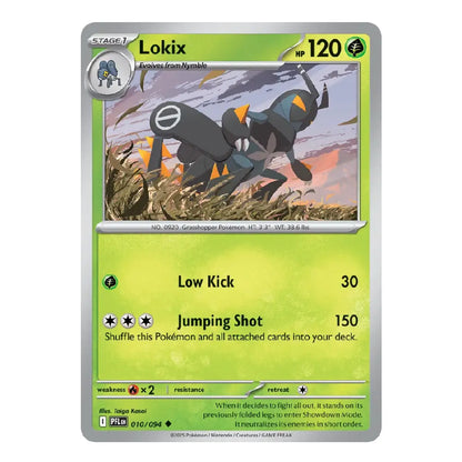 A single Pokémon trading card for Lokix, shown flat against a plain white background. The card has a green and yellow gradient lower half, a silver border, and artwork of the Lokix in the center.