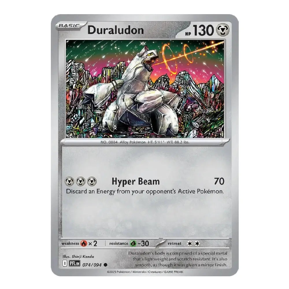 A single Pokémon trading card for Duraludon from the Silver Tempest expansion, featuring a metallic silver border and a colorful illustration of the character in a futuristic cityscape.