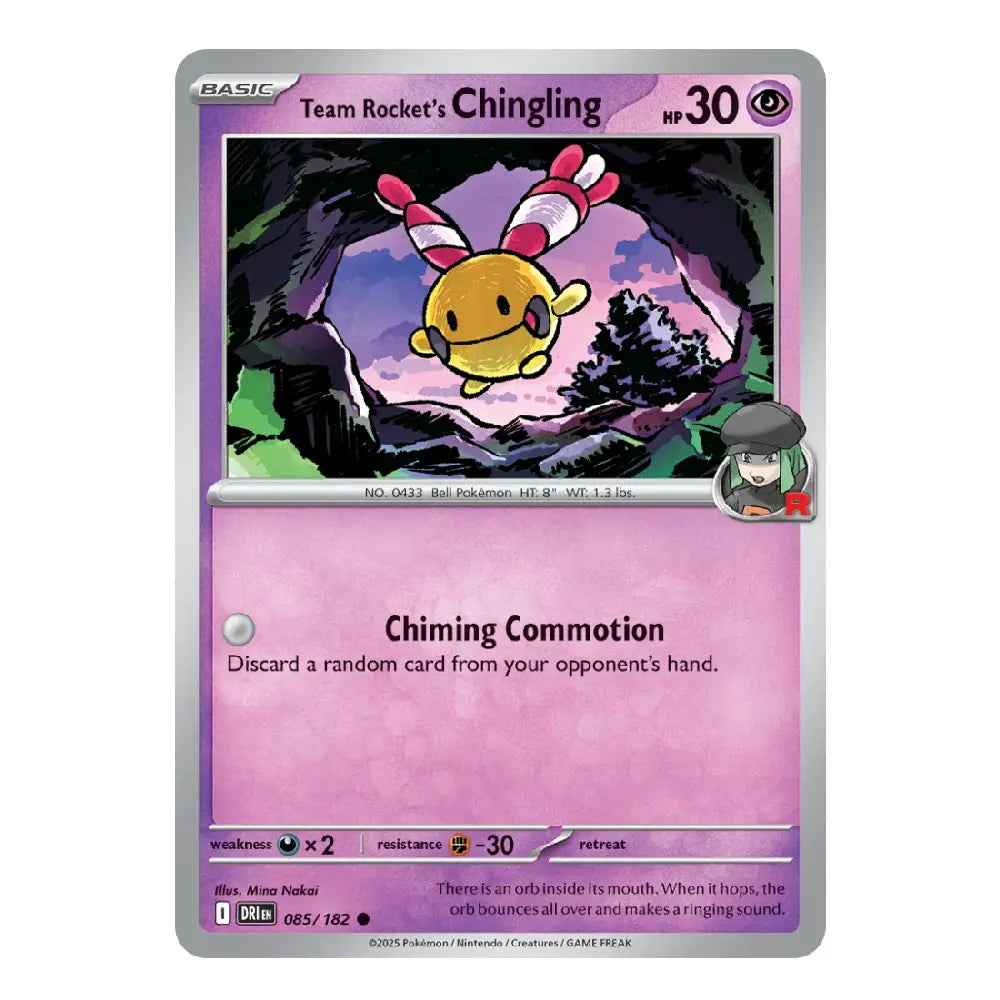 A single Pokémon trading card for Team Rocket's Chiming, shown against a plain white background. The card has a silver border, a pink lower text area, and artwork of a yellow chime bird with pink-and-white striped wings in a purple-toned cave scene.