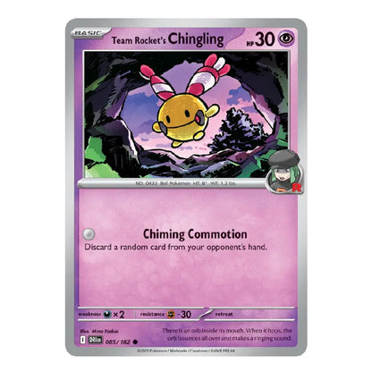 A single Pokémon trading card for Team Rocket's Chiming, shown against a plain white background. The card has a silver border, a pink lower text area, and artwork of a yellow chime bird with pink-and-white striped wings in a purple-toned cave scene.