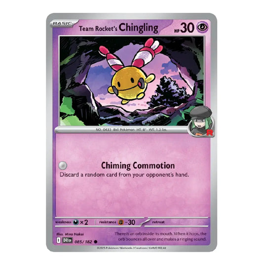 A single Pokémon trading card for Team Rocket's Chiming, shown against a plain white background. The card has a silver border, a pink lower text area, and artwork of a yellow chime bird with pink-and-white striped wings in a purple-toned cave scene.