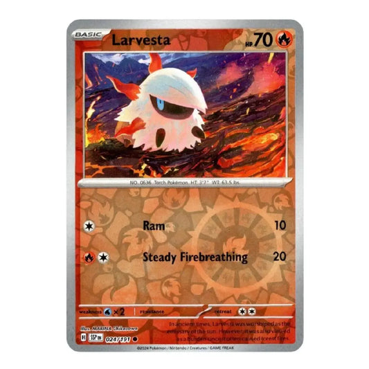 A single Pokémon trading card for Larvesta from the Basic set, shown against a plain white background. The card features Larvesta artwork in the center with fiery orange, red, and blue tones, a silver border, and orange text boxes listing Ram (10) and Steady Firebreathing (20).