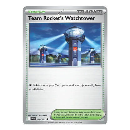 A Pokémon TCG card titled "Team Rocket's Watchtower" from the Stadium set, featuring artwork of a lighthouse and a silver border with green and black text.