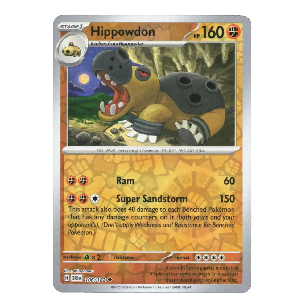 A single Pokémon trading card for Hippowdon, shown flat against a plain white background. The card has a silver border, orange-tan artwork, and black text, with the Hippowdon illustration in the center and game text below.