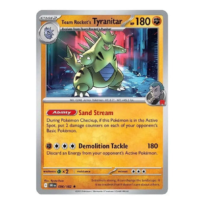 A single Pokémon trading card for Team Rocket's Tyranitar, shown against a plain white background. The card features a green armored dinosaur-like Pokémon in the center artwork, with orange and yellow text boxes and silver border accents.