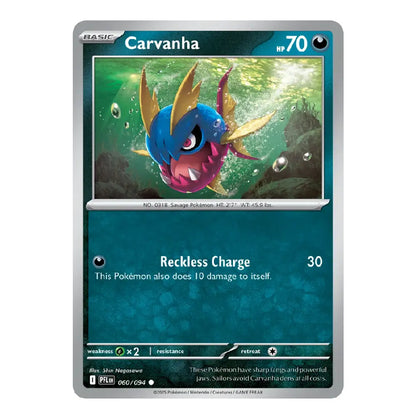 A single Pokémon trading card for Carvanha from the Basic set, shown against a plain white background. The card features artwork of a blue and gold fish-like Pokémon in green water, with the name Carvanha at the top and game text below.